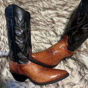 Justin Women Lizard & Leather western Cowgirl Boots Black and Brown-Sz 9 B